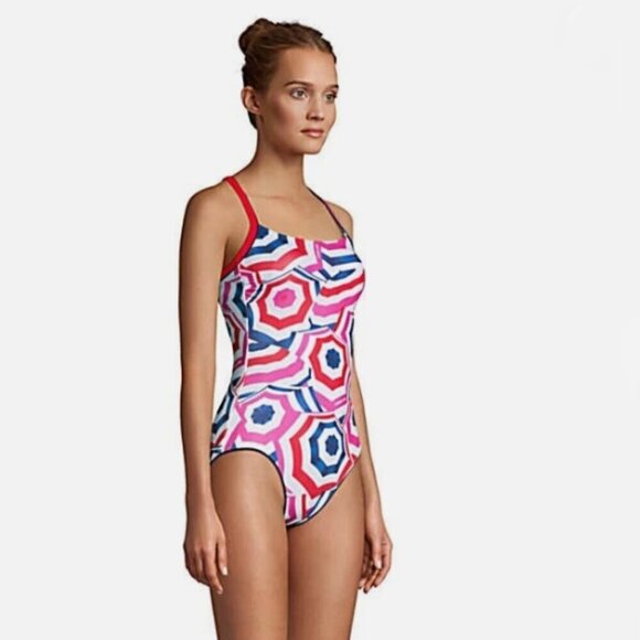 NWOT Lands' End Scoop Neck X-Back One-Piece Swimsuit Umbrella Print Size 12 - Picture 2 of 15